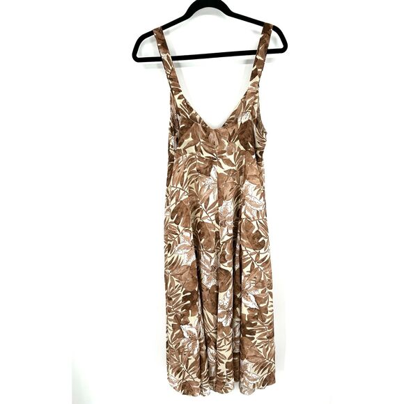 EVA TRALALA Paris Vintage Brown Cream Floral Leaf V-Neck Pleat Midi Dress Small - Picture 2 of 6
